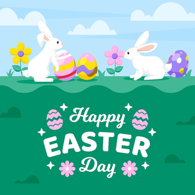 Happy Easter Day Flat Design Background Featuring Bunnies and Eggs – Free Download