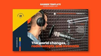 Horizontal Banner for World Radio Day Featuring Broadcaster and Microphone – Free Download