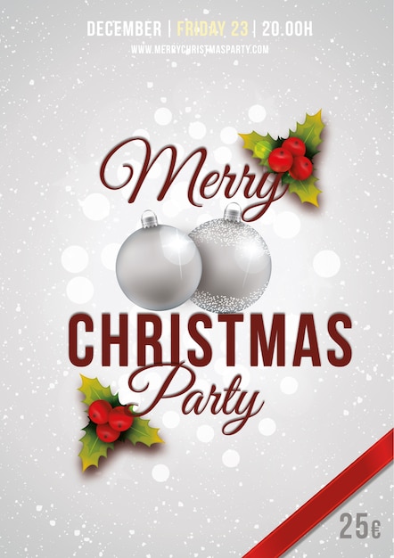 Silver Christmas Party Poster Featuring Balls and Mistletoe – Free Download