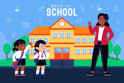 Flat Back to School Background Featuring Students and Teacher – Free Download