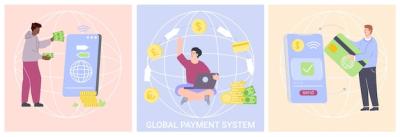 Global Payment System Design Concept: Three Flat Illustrations of People Sending Money Worldwide – Free Download