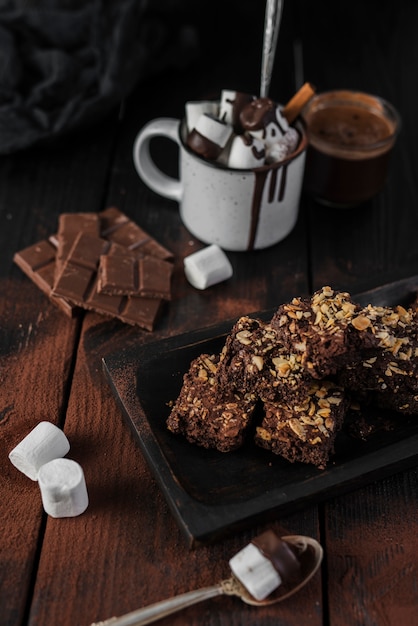 High Angle Hot Chocolate and Brownies with Nuts – Free Stock Photo, Download for Free