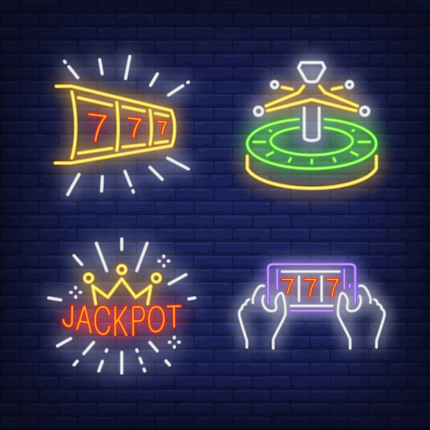 Lucky Seven, Roulette, and Jackpot Neon Signs Set – Free Stock Photo Download