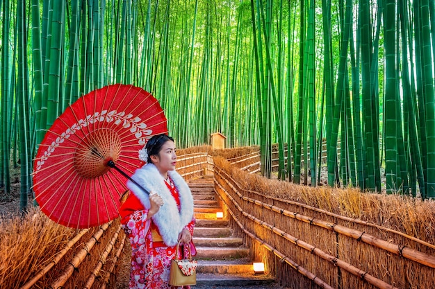 Bamboo Forest: Asian Woman in Traditional Kimono, Kyoto, Japan – Free Download