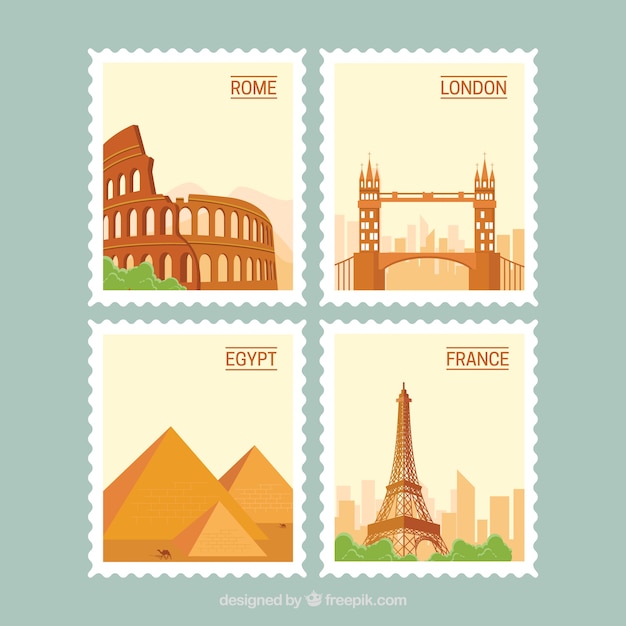 Landmark Stamps Featuring Iconic Cities and Monuments – Free Download