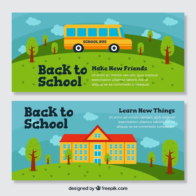 Flat Design Back to School Banners Featuring School Bus – Free Download