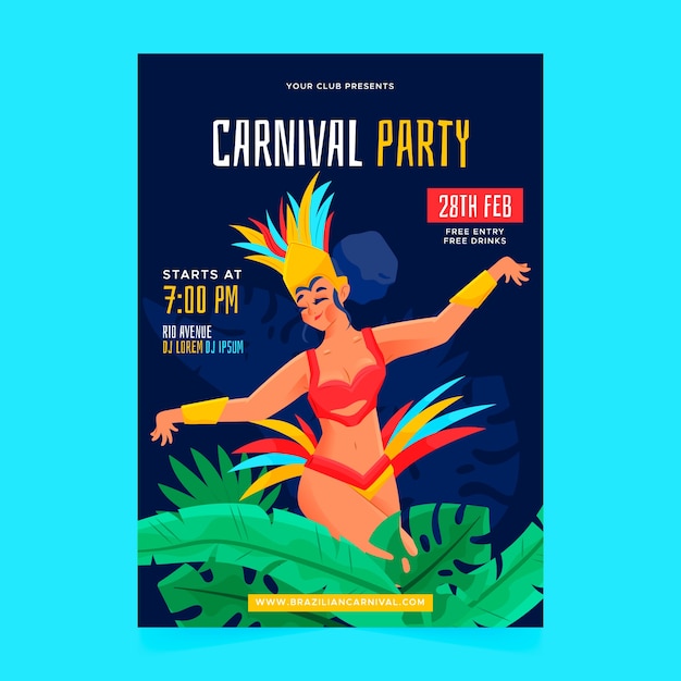 Hand Drawn Brazilian Carnival Poster Featuring a Dancing Woman – Free Download