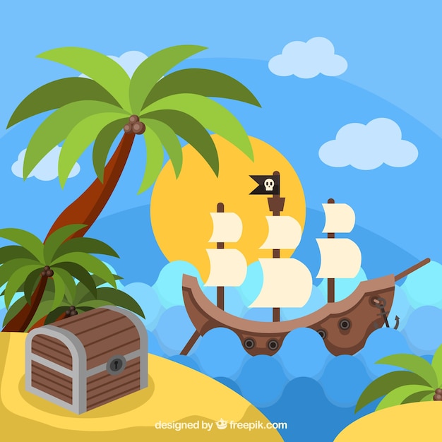 Vector Pirate Ship Next to Treasure Island – Free Download