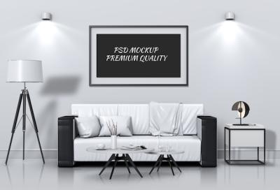 Mock Up Poster Frame in Living Room Interior with Sofa – Free Stock Photo Download