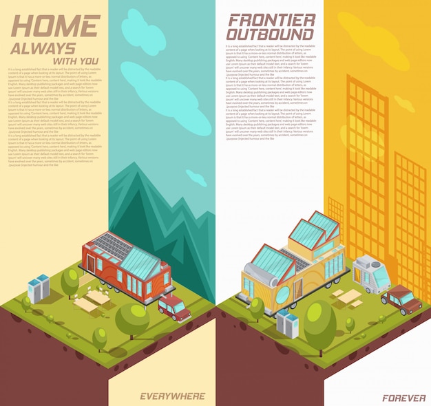 Vertical Isometric Banners Featuring Mobile House Advertising Against Mountain and City Backgrounds – Free Download