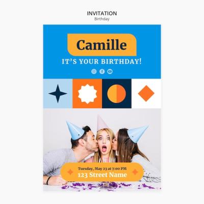 Birthday Party Invitation Template in Flat Design – Free Download