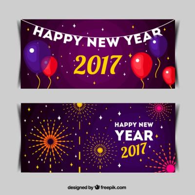 New Year Banners Featuring Balloons and Fireworks – Free Download