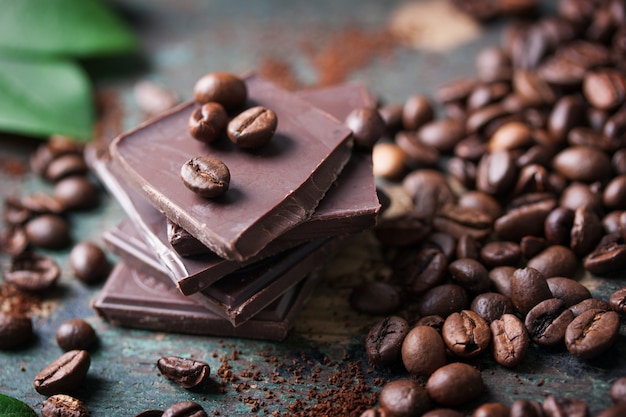 Close-up of Chocolate Portions and Coffee Beans – Free Download