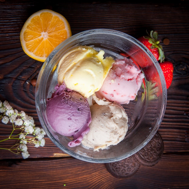 Top View Scoops of Ice Cream: Orange, Strawberry, and Cookies – Free Stock Photo for Download