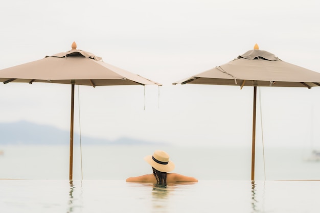 Beautiful Young Asian Woman Relaxing in Luxury Outdoor Swimming Pool – Free Stock Photo for Download