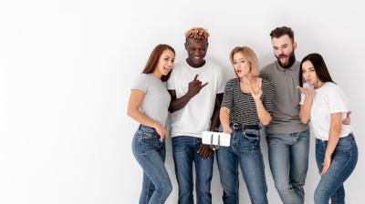 Group of Friends Taking Selfies in Copy Space – Free Download