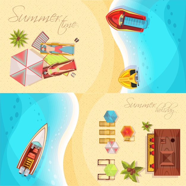 Horizontal Beach Holiday Banners with Coast, Sea, and Sunbathers – Free Download