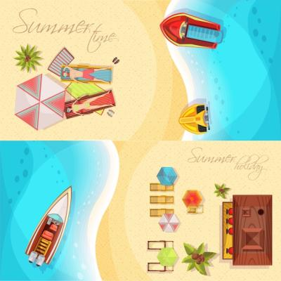 Horizontal Beach Holiday Banners with Coast, Sea, and Sunbathers – Free Download