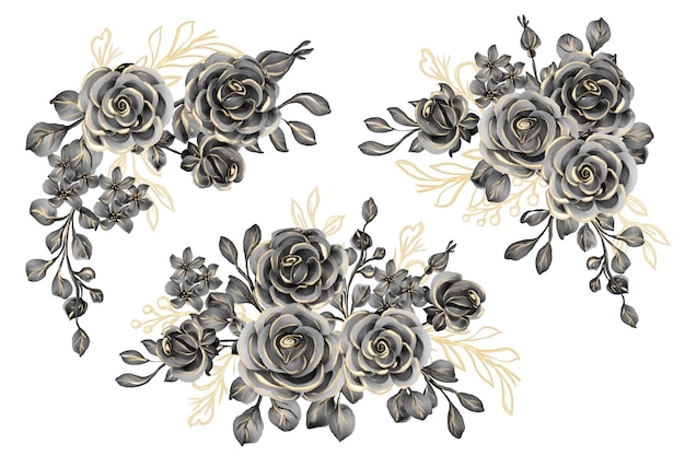 Flower Arrangement Watercolor Set Featuring Black Gold Roses – Free Download