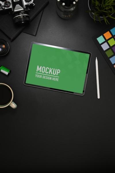 Workspace Essentials: Tablet Mockup, Stylus, Camera, and Supplies – Free Download