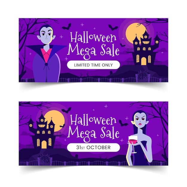 Hand Drawn Flat Halloween Sale Horizontal Banners Set – Free Download