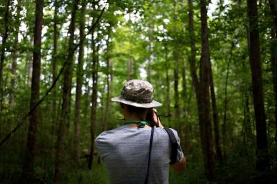 Casual Young Man in a Green Cap Capturing Nature Photos – Free Download