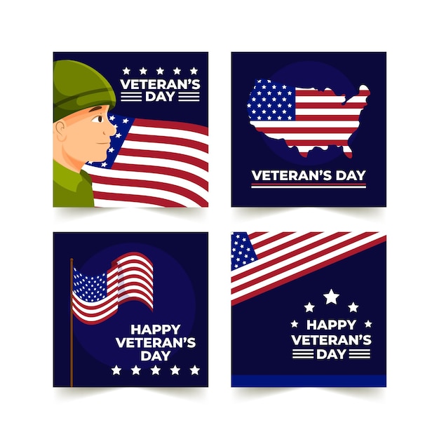 Collection of Hand-Drawn Flat Veteran’s Day Instagram Posts – Free to Download