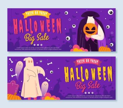 Hand Drawn Flat Halloween Horizontal Sale Banners Set – Free to Download