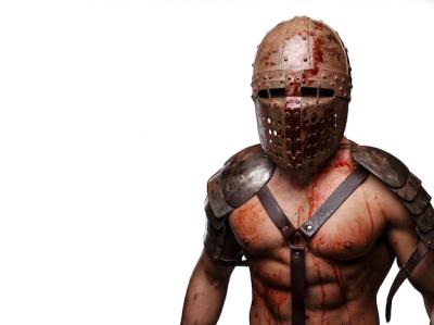 Gladiator in Helmet: Muscular Body Covered in Blood – Free Stock Photo for Download