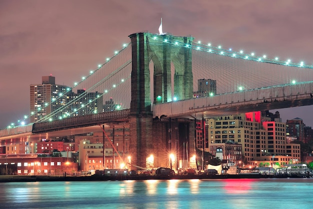 Brooklyn Bridge at Night Over East River with Stunning Lights and Reflections – Free Stock Photo, Download Free