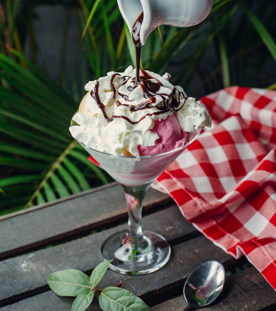 Raspberry and Apple Ice Cream with Whipped Cream and Chocolate Sauce – Free Download