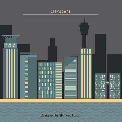 Urban Landscape Background with Buildings in Flat Design – Free Download