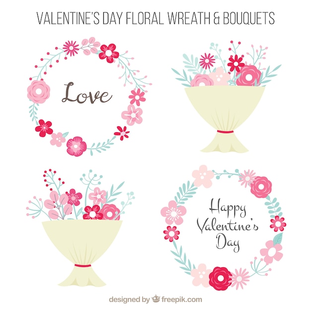 Valentine’s Day Floral Wreaths and Bouquets in Flat Design – Free Download