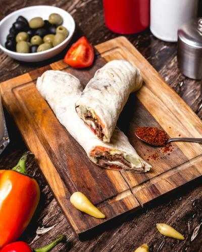 Beef Wrap with Tomato, Pickled Cucumber, French Fries, and Mayonnaise – Free Stock Photo Download