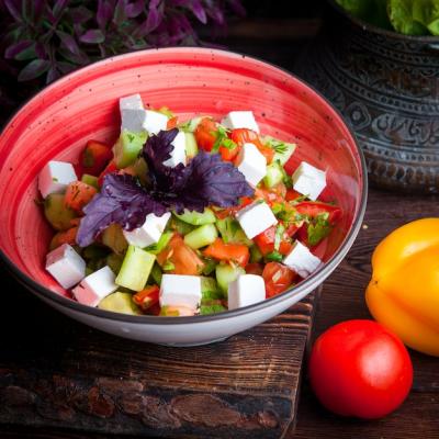 Greek Salad Ingredients: Fresh Lettuce, Tomatoes, Feta Cheese, Cucumbers, Black Olives, Purple Onion – Free Download