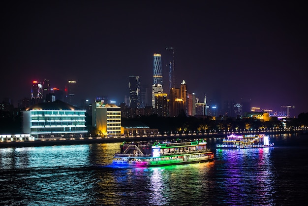 Night View of the City with Ships on the Water – Free Stock Photo, Download for Free