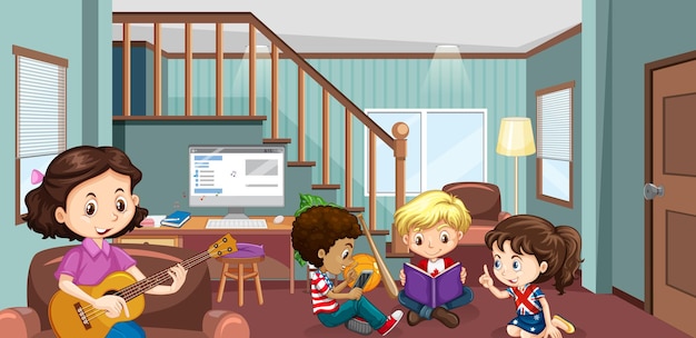 Happy Children in a Living Room Scene – Free Download