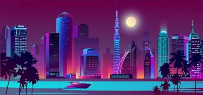 Vector Night City on River with Boat – Free Download