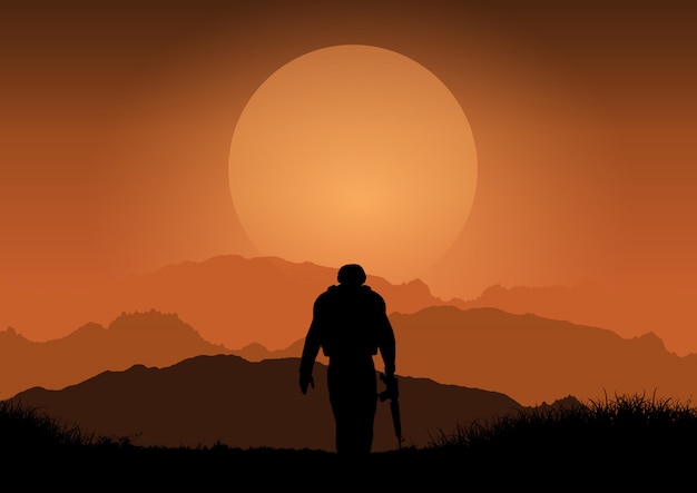 Soldier Against Sunset Landscape – Free Download Stock Photo