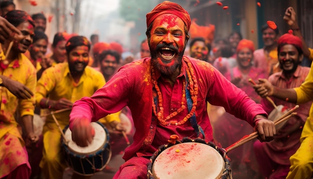 Holi Procession: Colorful Celebration with Traditional Attire, Drums, and Dance – Free Download