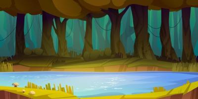 Vector Nature Landscape of a Lake in a Forest – Beautiful Summer Outdoor Scene for Fantasy Games | Free Download