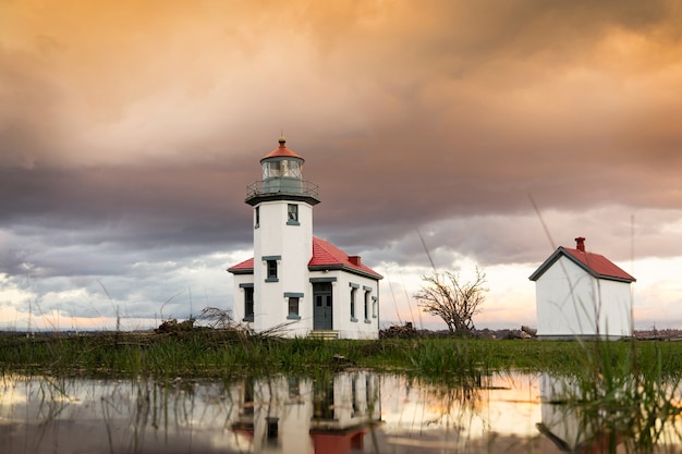 Low Angle View of Lighthouses on Vashon Island at Sunset Under a Cloudy Sky – Free Download