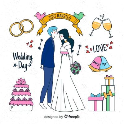 Hand Drawn Wedding Couple with Elements – Free Download