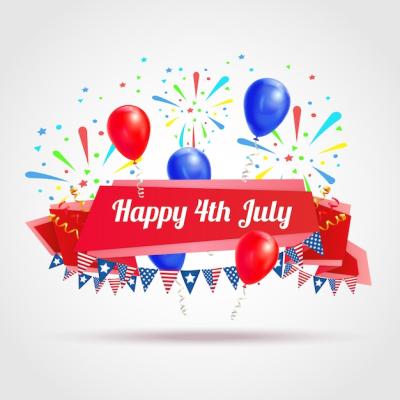 Happy 4th of July Greeting Postcard with Festive Flags, Fireworks, and Balloons – Free Download