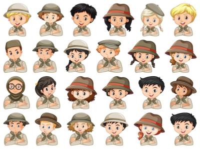 Diverse Characters in Scout Costumes on a White Background – Free Download