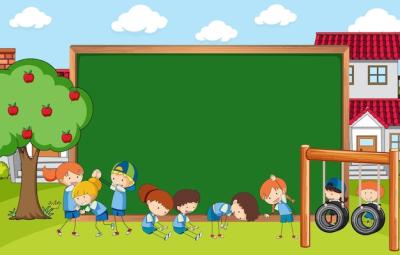 Empty Blackboard in Park Scene with Cartoon Kids – Free Download