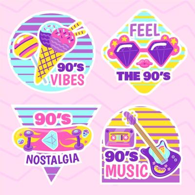 Hand Drawn Flat Nostalgic 90’s Badges Collection – Free Download