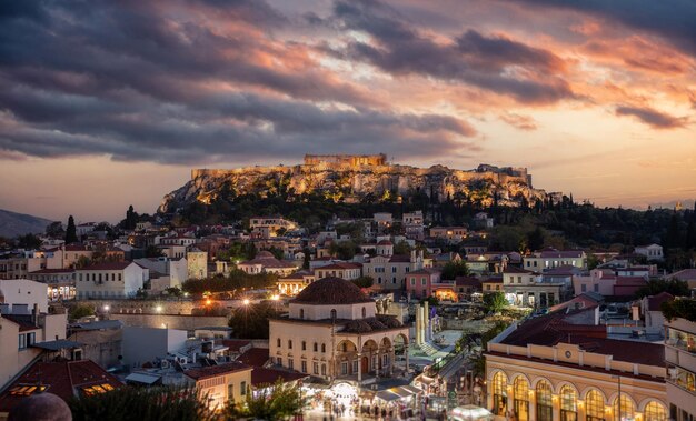 Aerial Panoramic View of Monastiraki Square and the Acropolis at Sunset in Athens, Greece – Free Download