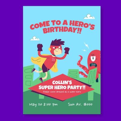 Hand Drawn Superhero Birthday Invitation Template – Download Free Stock Photo