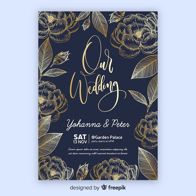 Golden Floral Wedding Invitation Template – Free Download